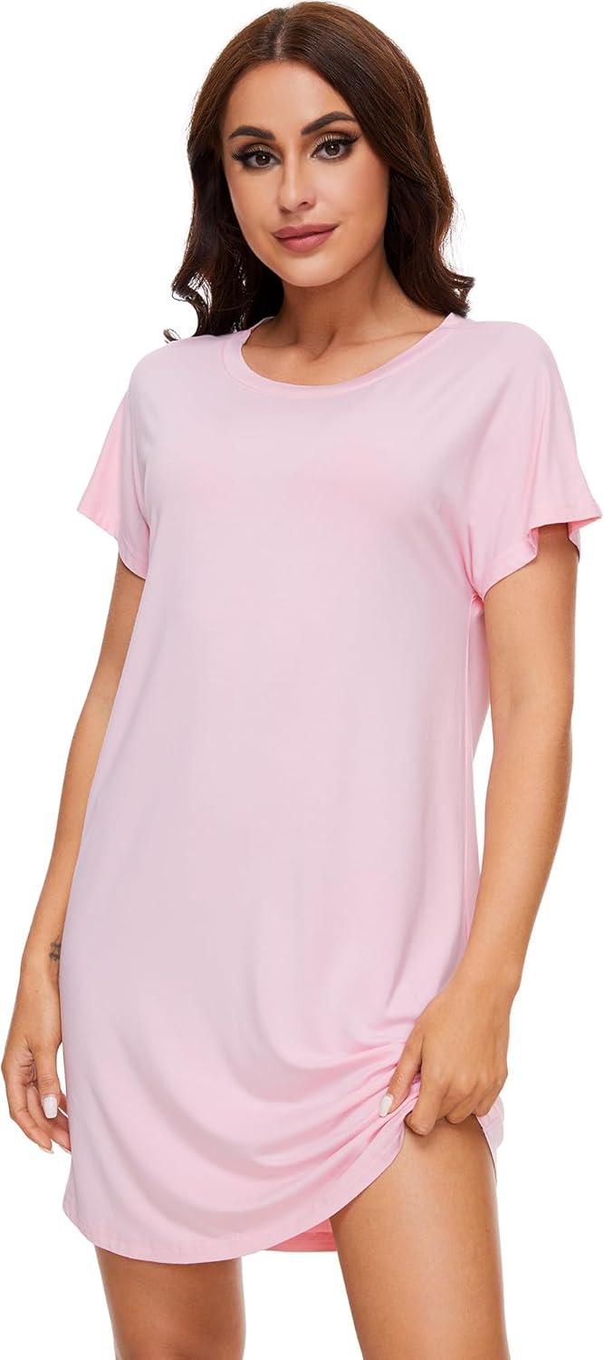 imageWiWi Womens Bamboo Viscose Nightgowns Soft Short Sleeve Sleep Shirt Lightweight Cool Nightshirt Pajama Dress SXXLPink