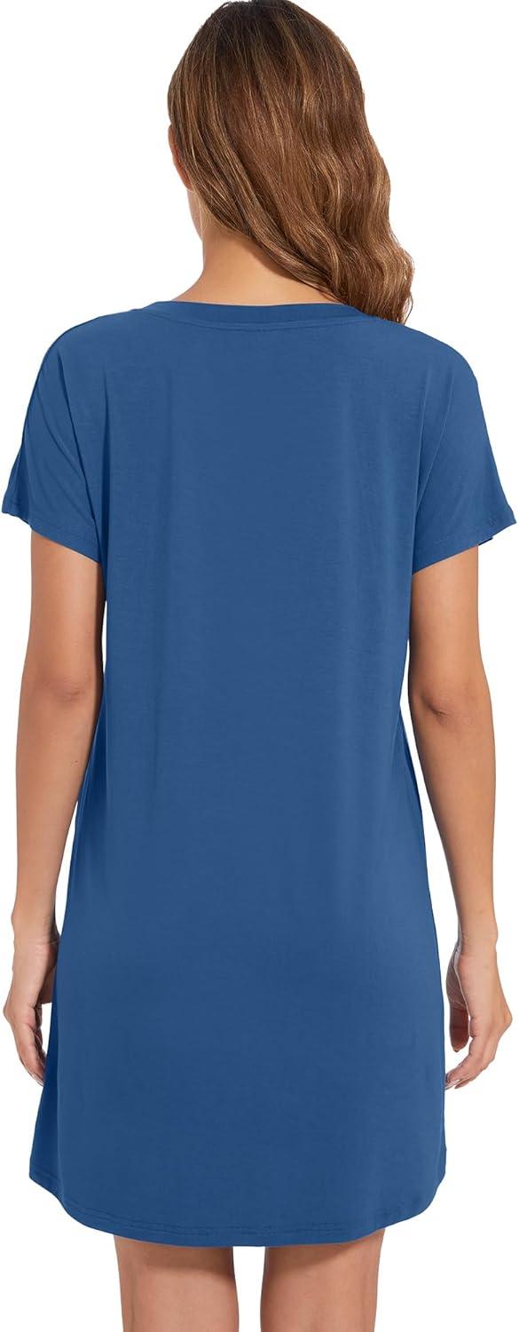 imageWiWi Womens Bamboo Viscose Nightgowns Soft Short Sleeve Sleep Shirt Lightweight Cool Nightshirt Pajama Dress SXXLPrussian Blue