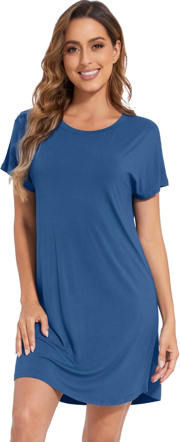imageWiWi Womens Bamboo Viscose Nightgowns Soft Short Sleeve Sleep Shirt Lightweight Cool Nightshirt Pajama Dress SXXLPrussian Blue