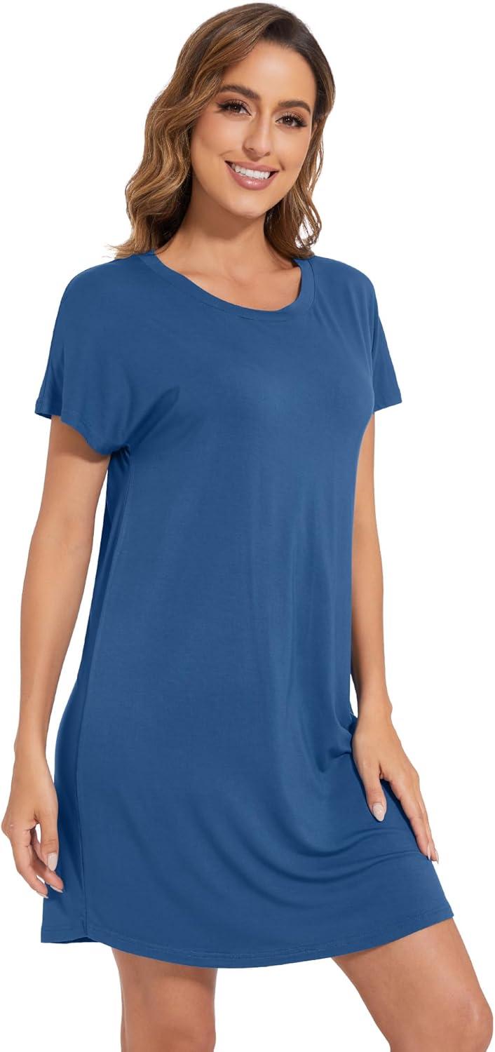 imageWiWi Womens Bamboo Viscose Nightgowns Soft Short Sleeve Sleep Shirt Lightweight Cool Nightshirt Pajama Dress SXXLPrussian Blue