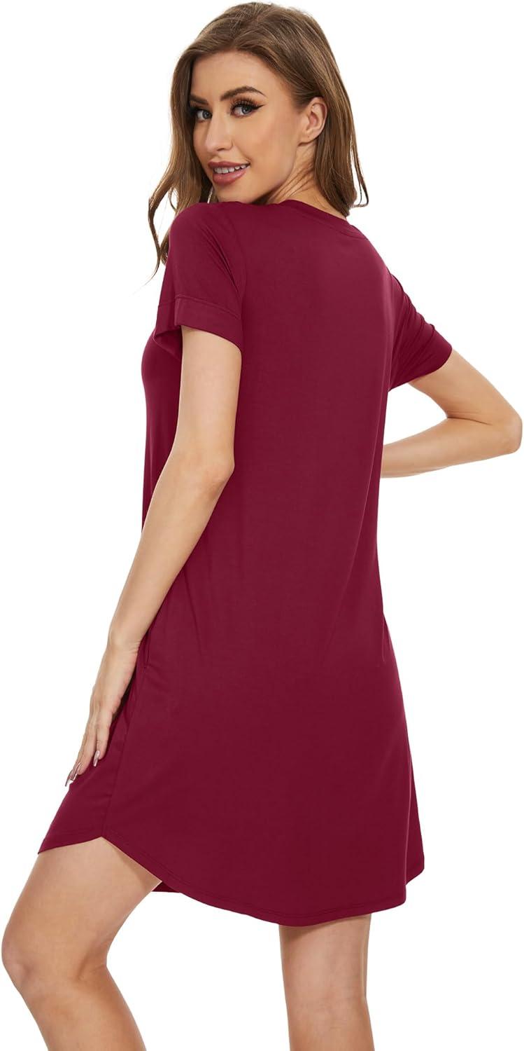 imageWiWi Womens Bamboo Viscose Nightgowns Soft Short Sleeve Sleep Shirt Lightweight Cool Nightshirt Pajama Dress SXXLWine