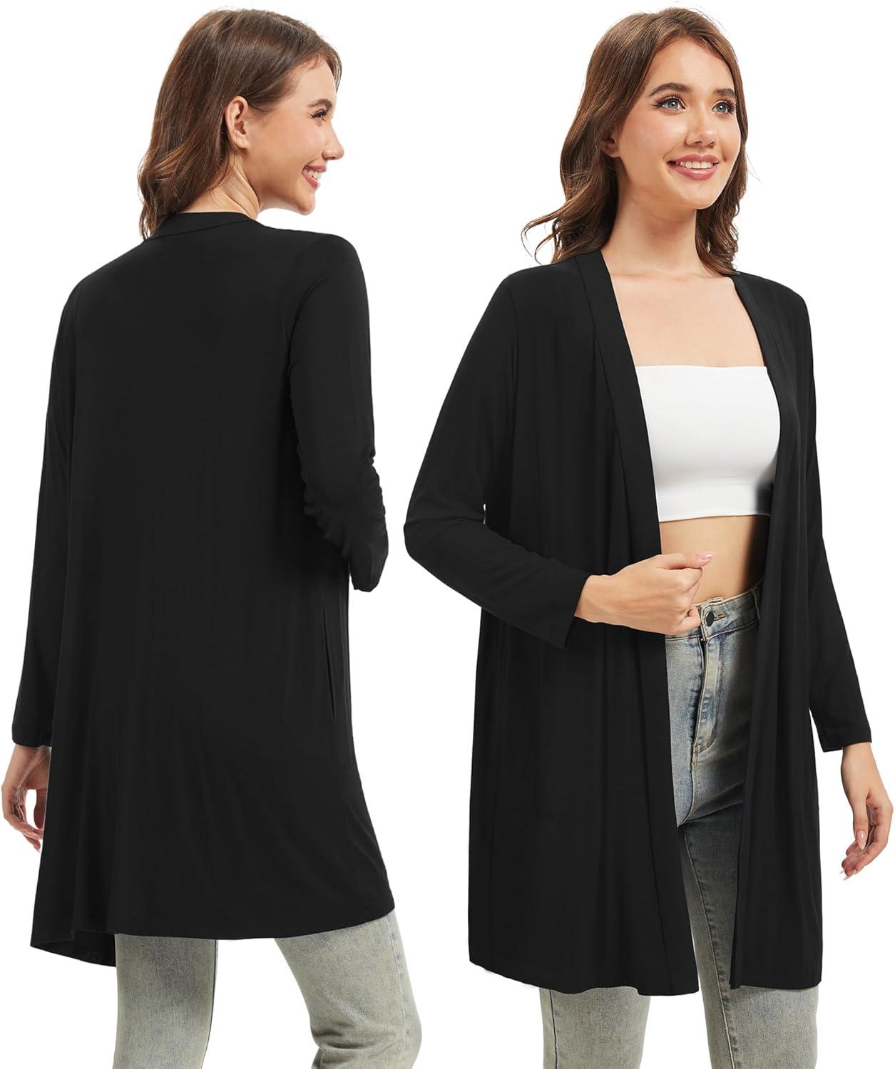 imageWiWi Womens Cardigan Bamboo Viscose Open Front Sweater Lightweight Knit Long Duster Coat with Pockets SXXLBlack