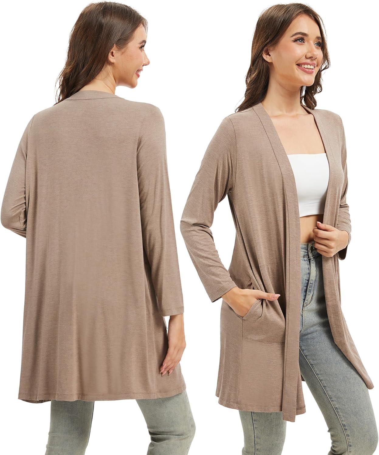imageWiWi Womens Cardigan Bamboo Viscose Open Front Sweater Lightweight Knit Long Duster Coat with Pockets SXXLCamel