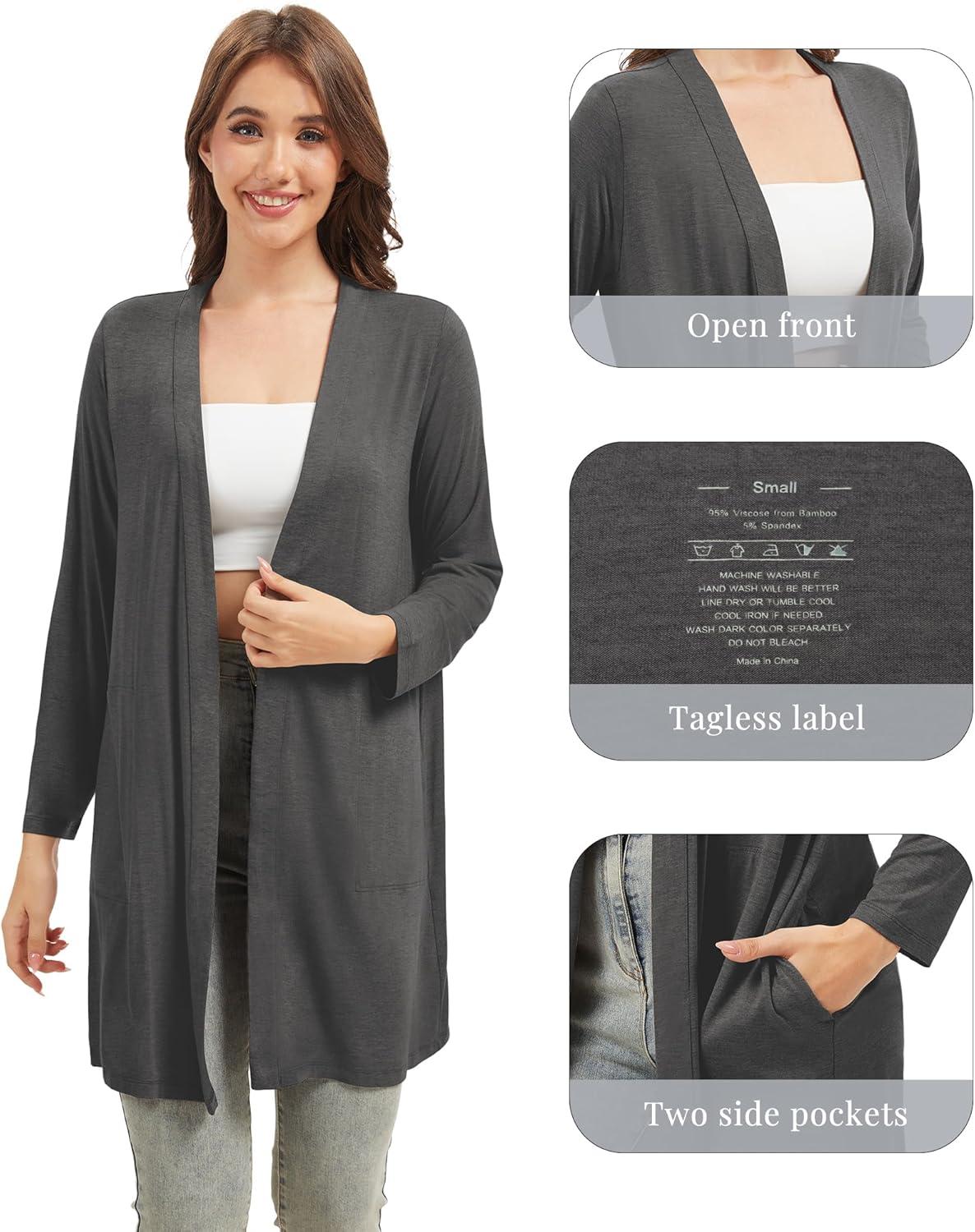 imageWiWi Womens Cardigan Bamboo Viscose Open Front Sweater Lightweight Knit Long Duster Coat with Pockets SXXLCharcoal Heather