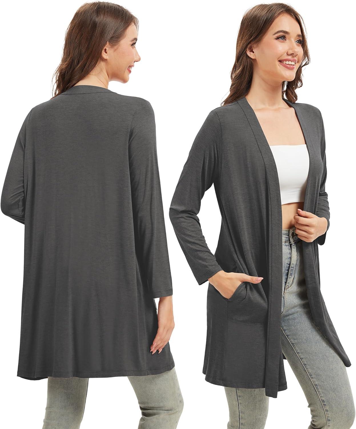 imageWiWi Womens Cardigan Bamboo Viscose Open Front Sweater Lightweight Knit Long Duster Coat with Pockets SXXLCharcoal Heather