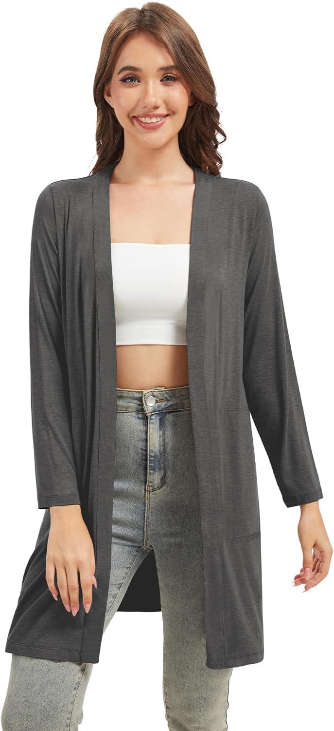 imageWiWi Womens Cardigan Bamboo Viscose Open Front Sweater Lightweight Knit Long Duster Coat with Pockets SXXLCharcoal Heather