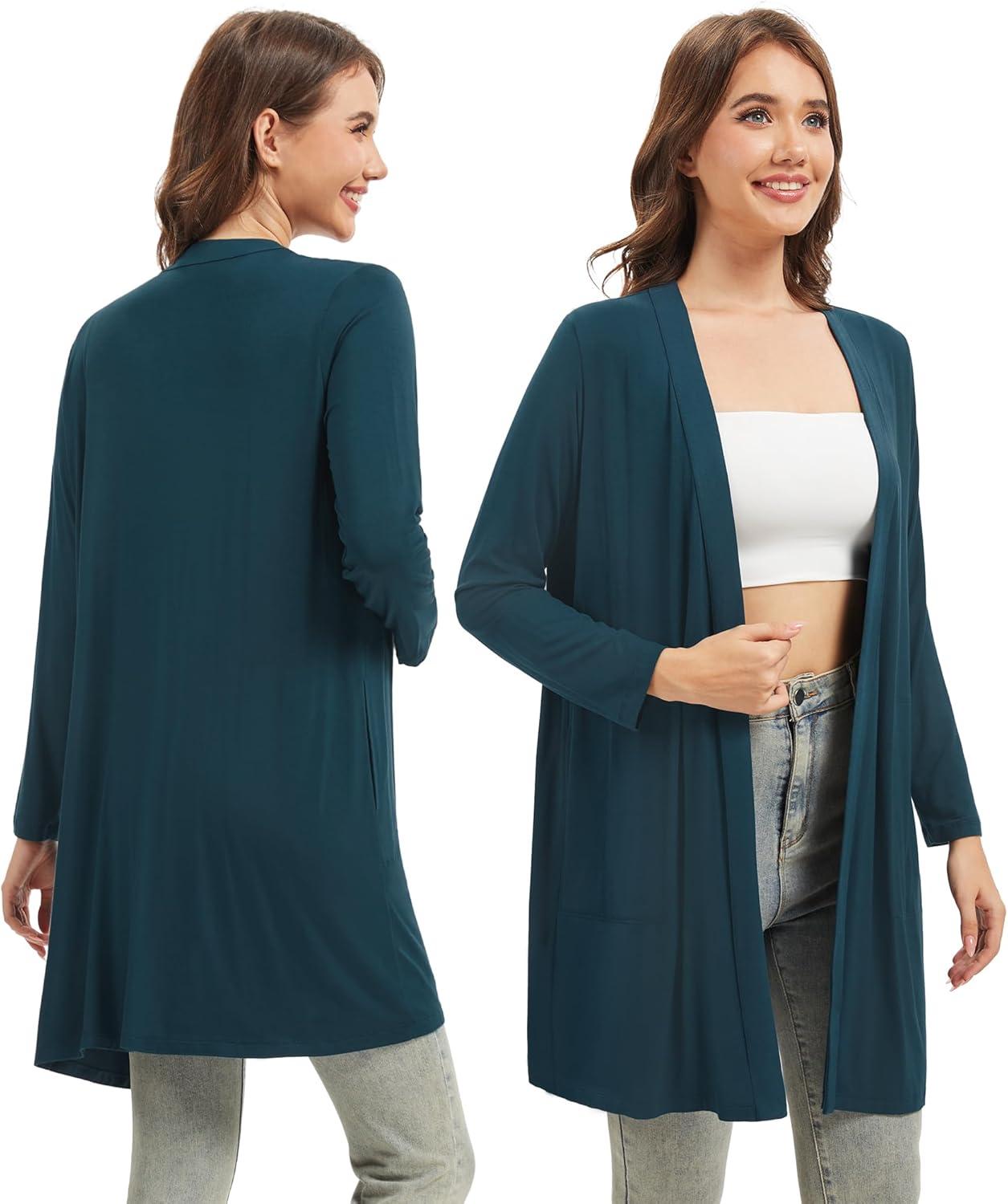 imageWiWi Womens Cardigan Bamboo Viscose Open Front Sweater Lightweight Knit Long Duster Coat with Pockets SXXLDeep Teal