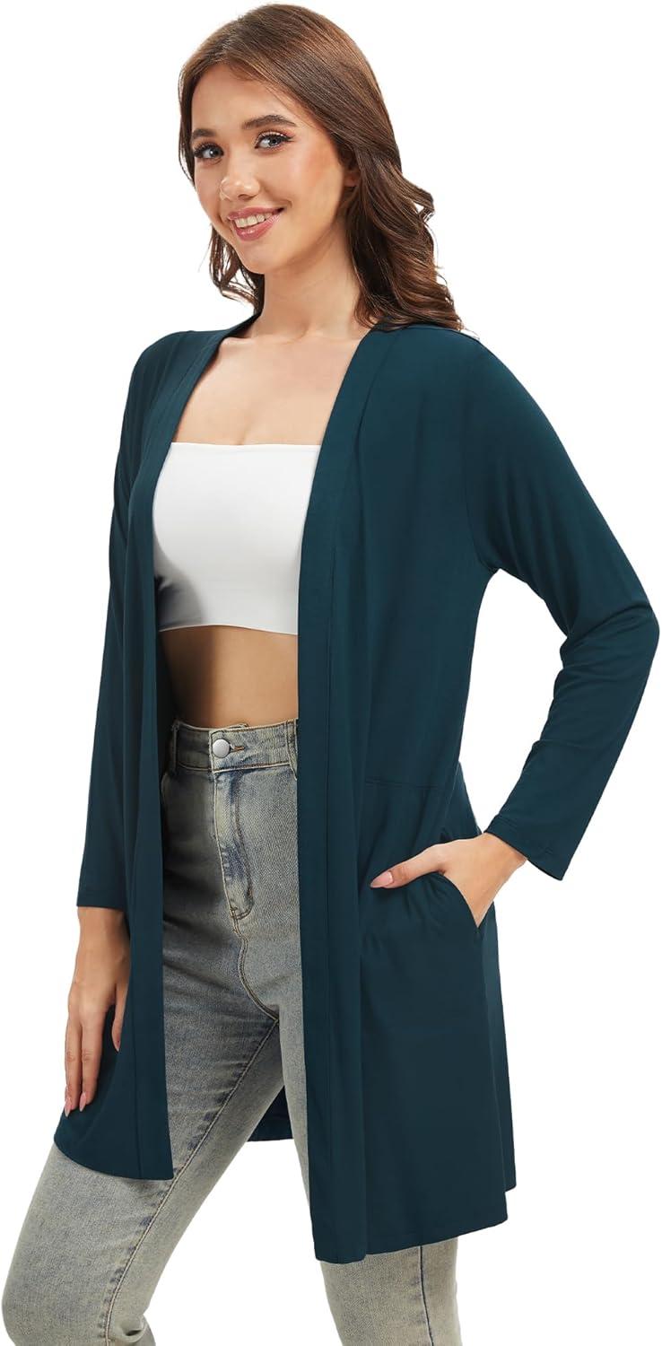 imageWiWi Womens Cardigan Bamboo Viscose Open Front Sweater Lightweight Knit Long Duster Coat with Pockets SXXLDeep Teal