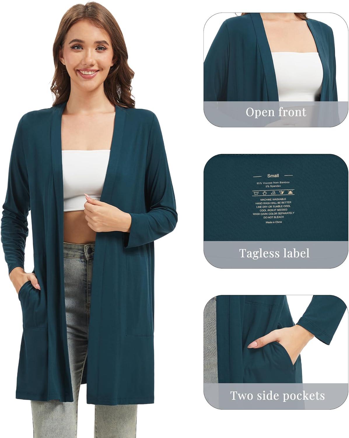 imageWiWi Womens Cardigan Bamboo Viscose Open Front Sweater Lightweight Knit Long Duster Coat with Pockets SXXLDeep Teal