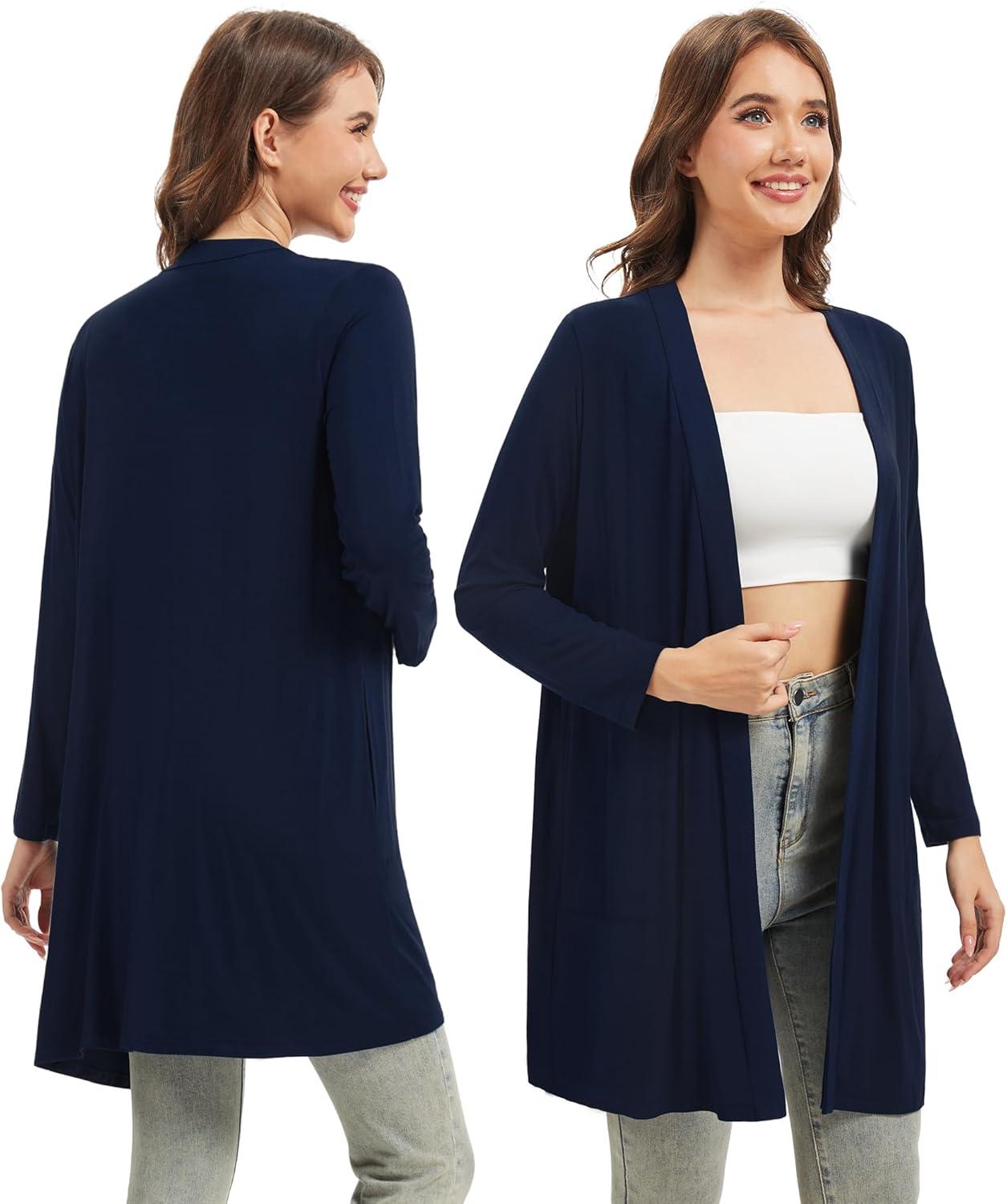 imageWiWi Womens Cardigan Bamboo Viscose Open Front Sweater Lightweight Knit Long Duster Coat with Pockets SXXLNavy