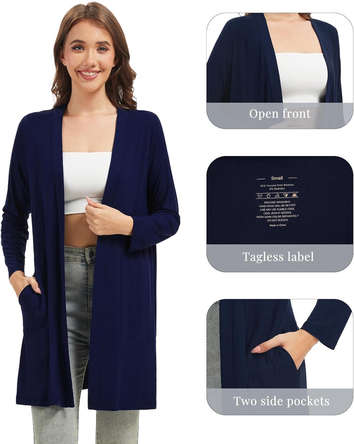 imageWiWi Womens Cardigan Bamboo Viscose Open Front Sweater Lightweight Knit Long Duster Coat with Pockets SXXLNavy