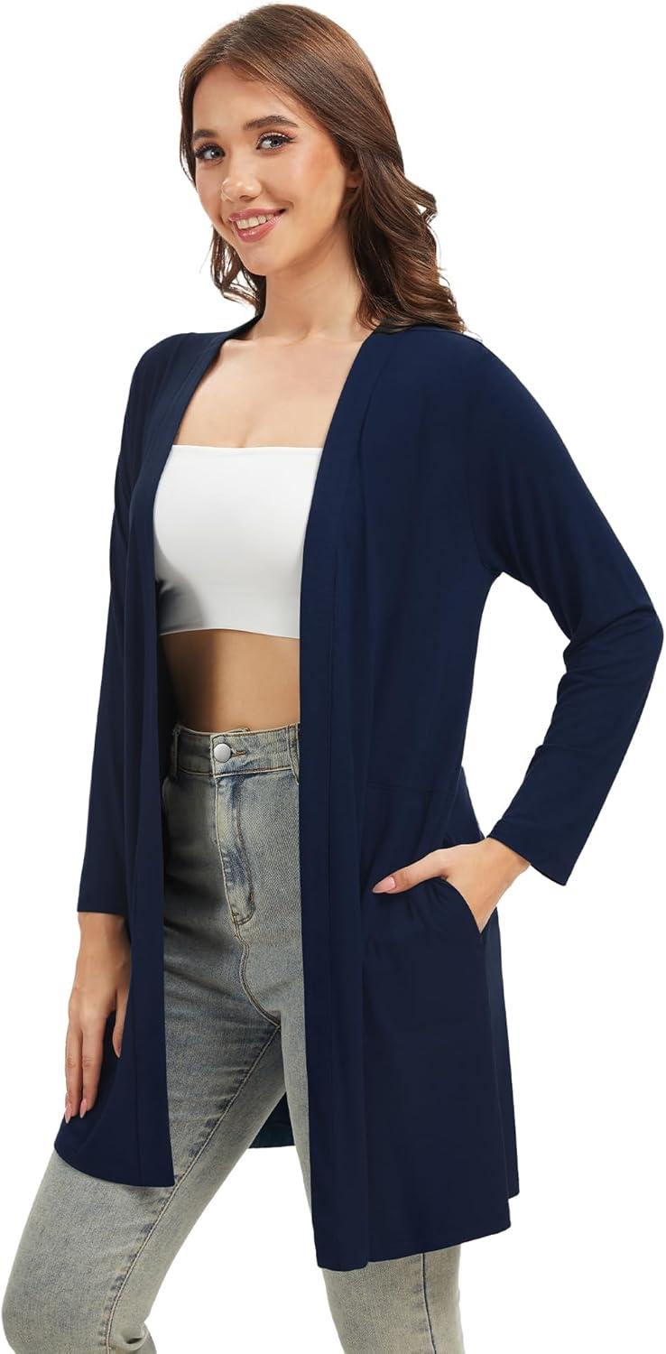 imageWiWi Womens Cardigan Bamboo Viscose Open Front Sweater Lightweight Knit Long Duster Coat with Pockets SXXLNavy
