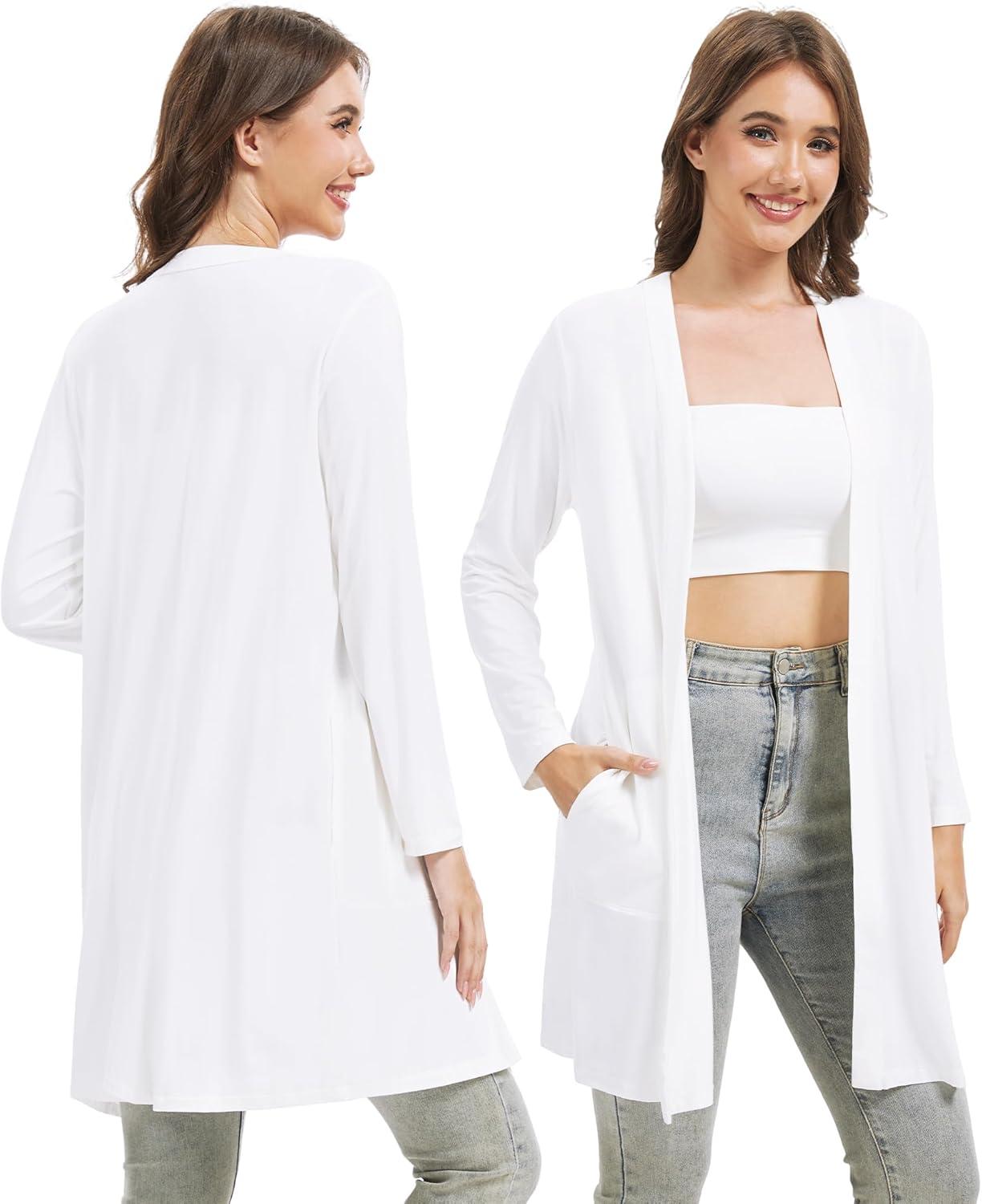 imageWiWi Womens Cardigan Bamboo Viscose Open Front Sweater Lightweight Knit Long Duster Coat with Pockets SXXLRaw White