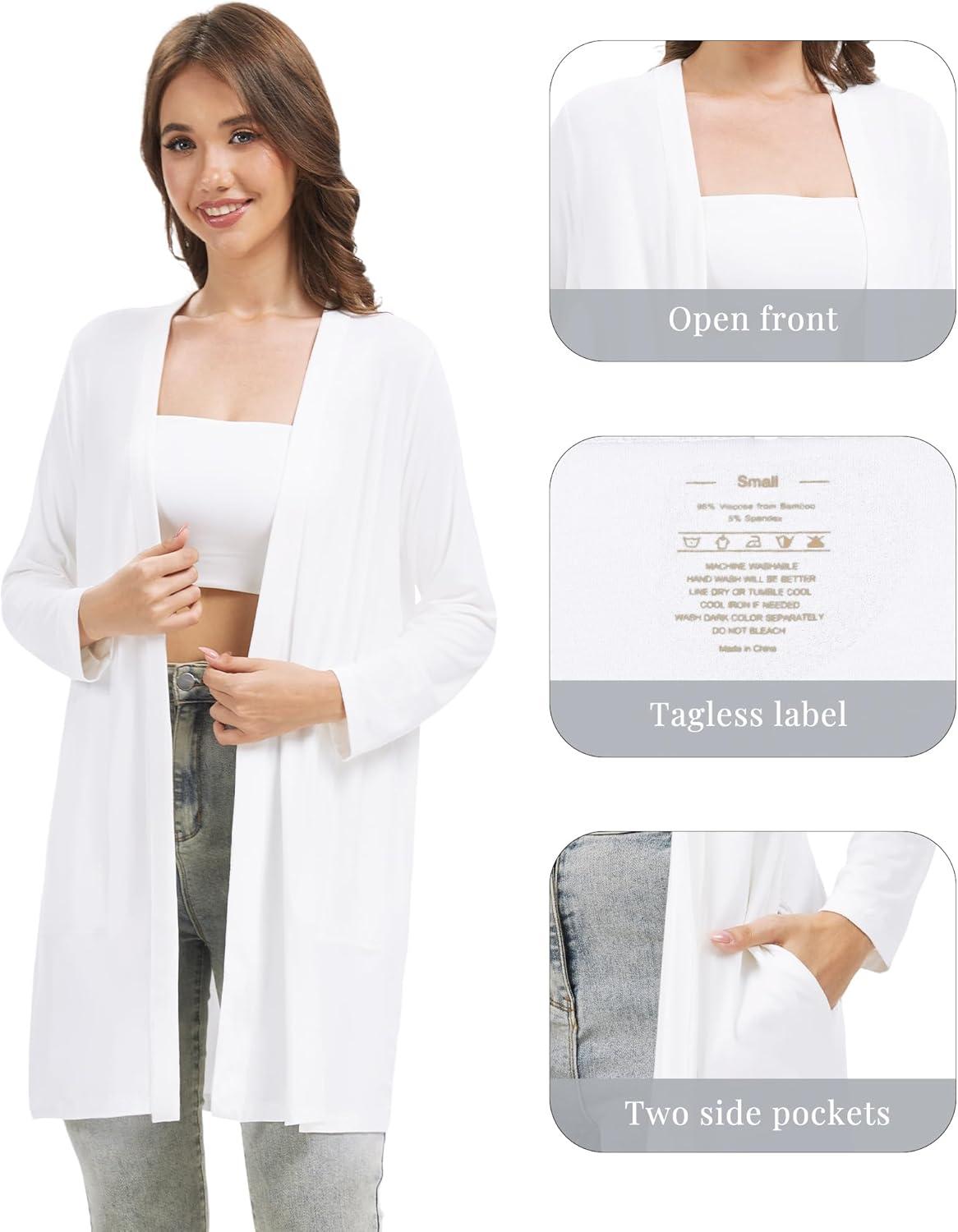 imageWiWi Womens Cardigan Bamboo Viscose Open Front Sweater Lightweight Knit Long Duster Coat with Pockets SXXLRaw White