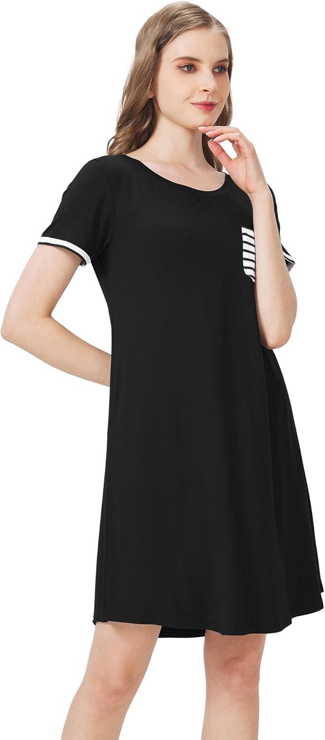 imageWiWi Womens Viscose Bamboo Nightgowns Casual Short Sleeve Sleepwear Scoop Neck Nightshirts SXXL Taro Purple SmallBlack