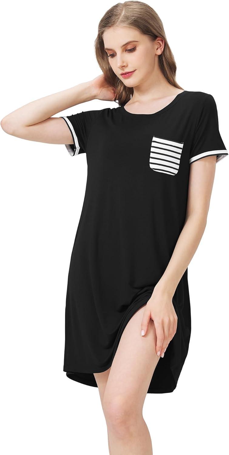 imageWiWi Womens Viscose Bamboo Nightgowns Casual Short Sleeve Sleepwear Scoop Neck Nightshirts SXXL Taro Purple SmallBlack