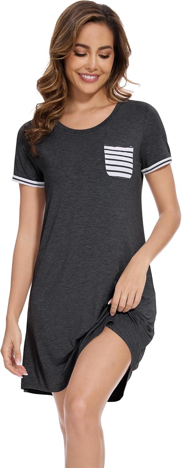 imageWiWi Womens Viscose Bamboo Nightgowns Casual Short Sleeve Sleepwear Scoop Neck Nightshirts SXXL Taro Purple SmallDark Heather Grey