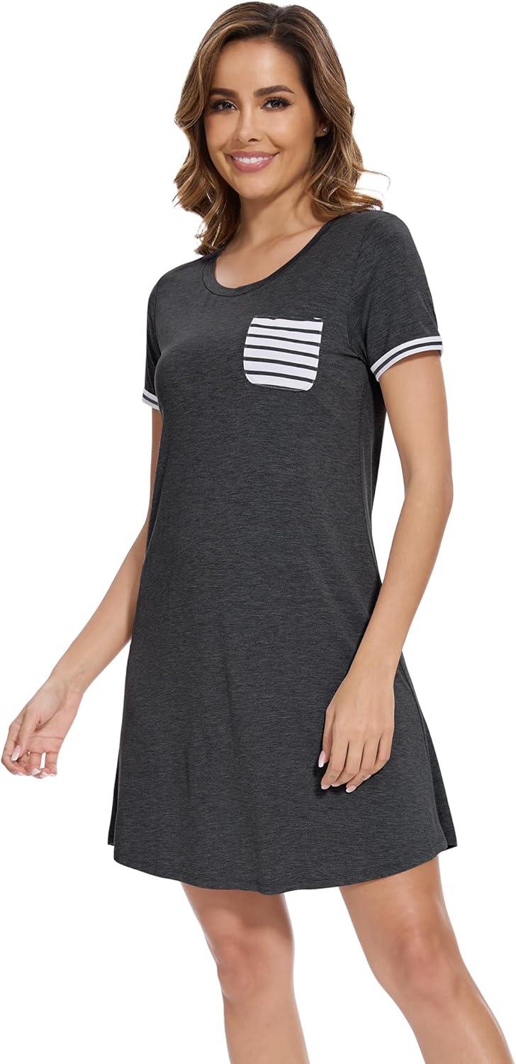 imageWiWi Womens Viscose Bamboo Nightgowns Casual Short Sleeve Sleepwear Scoop Neck Nightshirts SXXL Taro Purple SmallDark Heather Grey