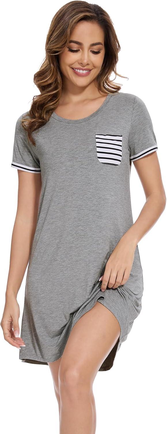 imageWiWi Womens Viscose Bamboo Nightgowns Casual Short Sleeve Sleepwear Scoop Neck Nightshirts SXXL Taro Purple SmallHeather Grey