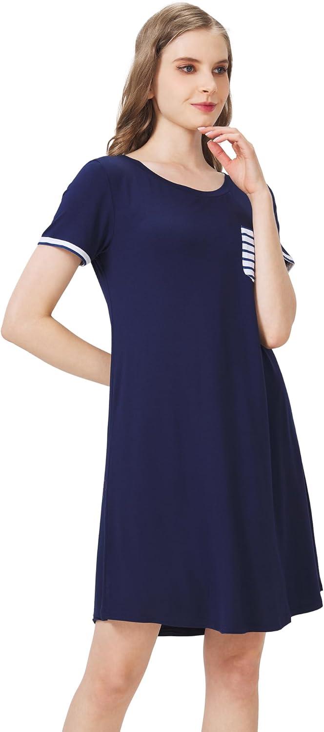 imageWiWi Womens Viscose Bamboo Nightgowns Casual Short Sleeve Sleepwear Scoop Neck Nightshirts SXXL Taro Purple SmallNavy