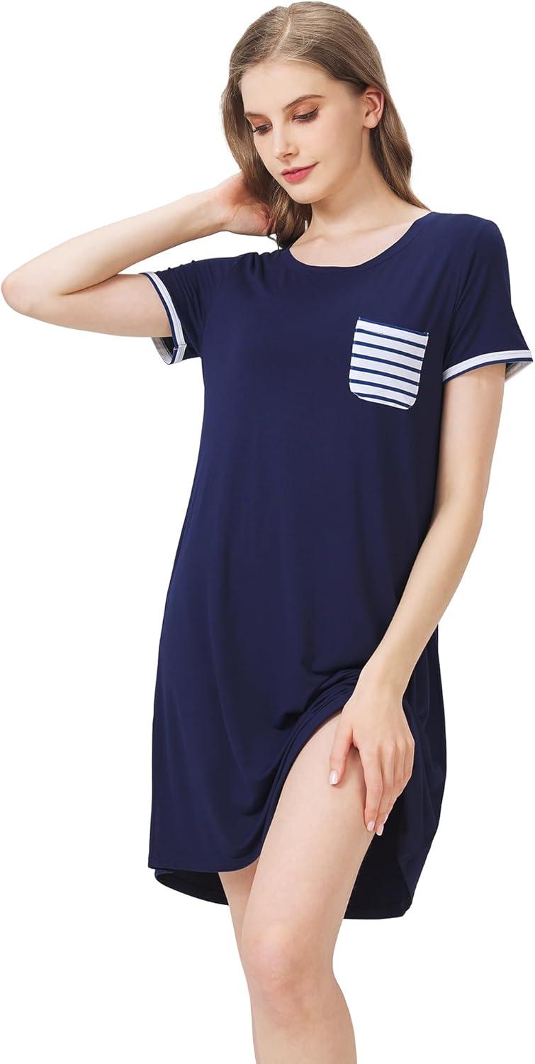 imageWiWi Womens Viscose Bamboo Nightgowns Casual Short Sleeve Sleepwear Scoop Neck Nightshirts SXXL Taro Purple SmallNavy