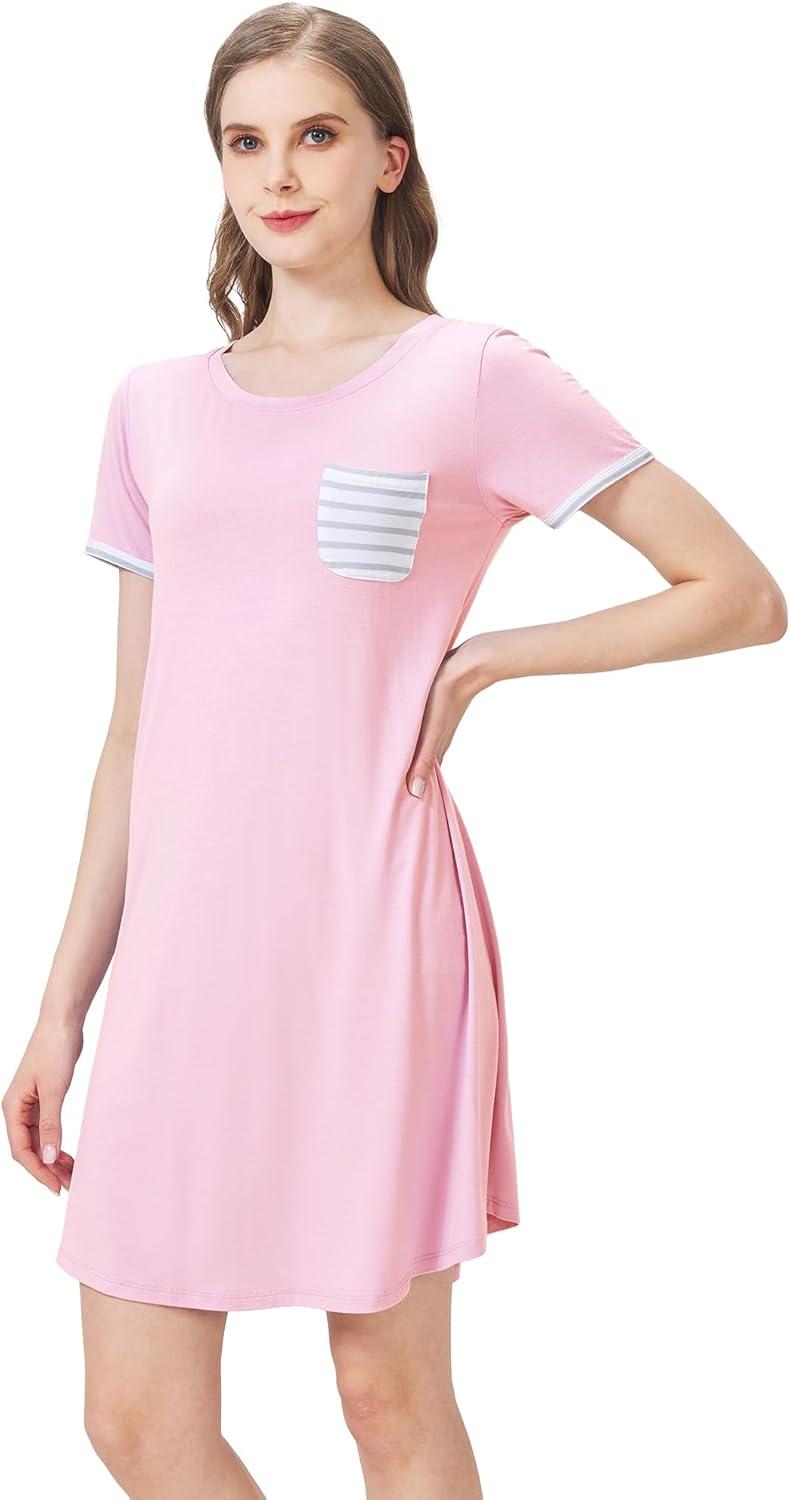 imageWiWi Womens Viscose Bamboo Nightgowns Casual Short Sleeve Sleepwear Scoop Neck Nightshirts SXXL Taro Purple SmallPink