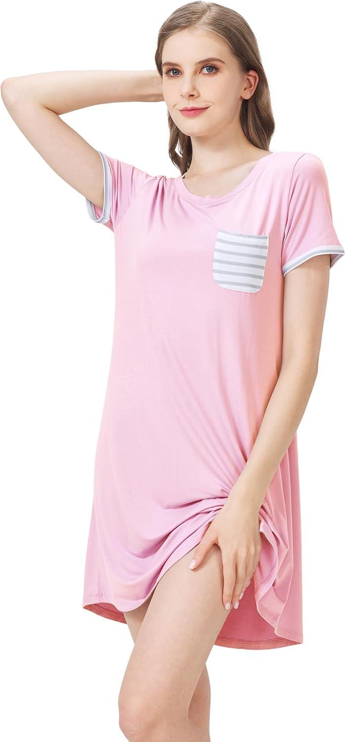imageWiWi Womens Viscose Bamboo Nightgowns Casual Short Sleeve Sleepwear Scoop Neck Nightshirts SXXL Taro Purple SmallPink