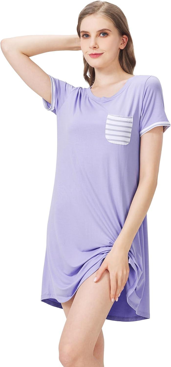 imageWiWi Womens Viscose Bamboo Nightgowns Casual Short Sleeve Sleepwear Scoop Neck Nightshirts SXXL Taro Purple SmallTaro Purple
