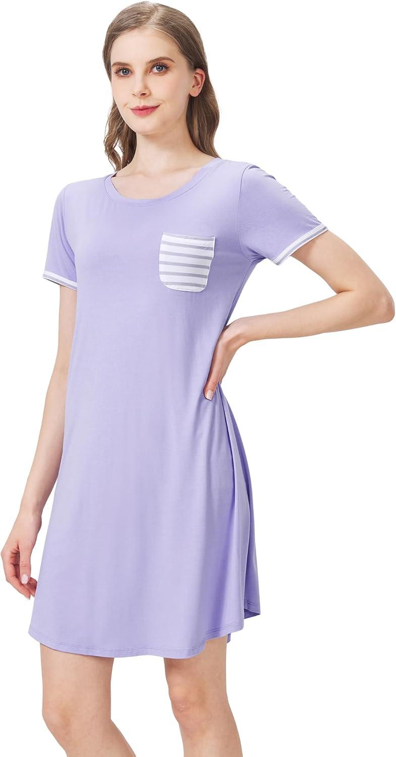 imageWiWi Womens Viscose Bamboo Nightgowns Casual Short Sleeve Sleepwear Scoop Neck Nightshirts SXXL Taro Purple SmallTaro Purple