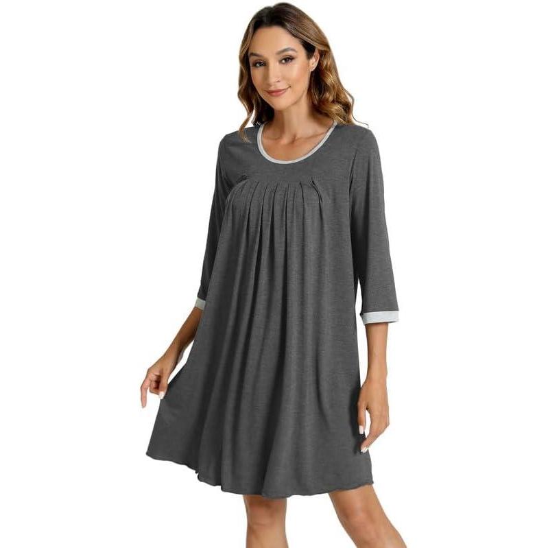 imageWiWi Nightgowns Viscose from Bamboo for Women Soft 34 Sleeve Sleep Shirts Scoop Neck Pleated Pajamas Nightshirts SXXLCharcoal Heather