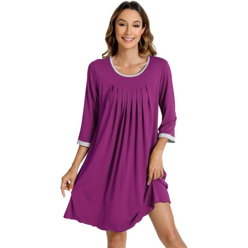 imageWiWi Nightgowns Viscose from Bamboo for Women Soft 34 Sleeve Sleep Shirts Scoop Neck Pleated Pajamas Nightshirts SXXLPurplish Red
