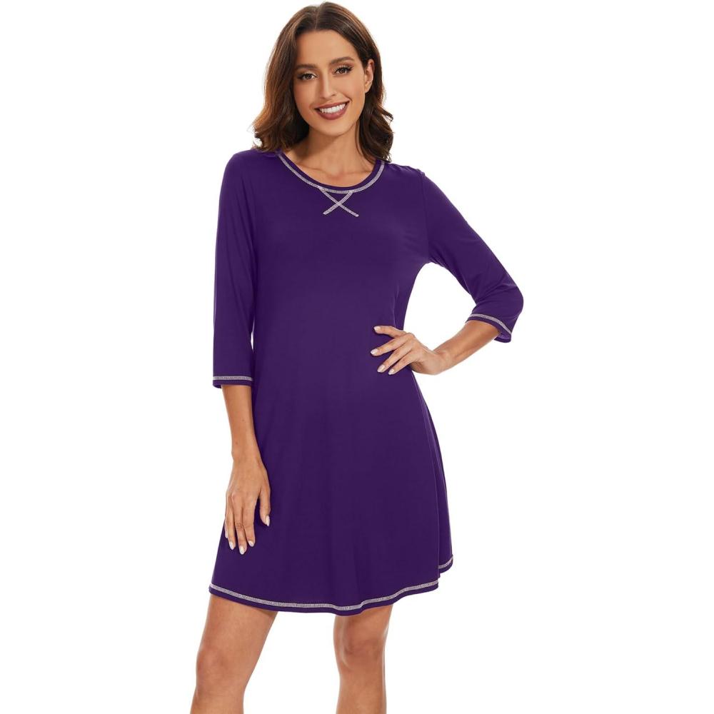imageWiWi Nightgowns for Women 34 Sleeve Sleep Shirts Soft Pajamas Gowns Viscose from Bamboo Nightwear SXXLDark Purple