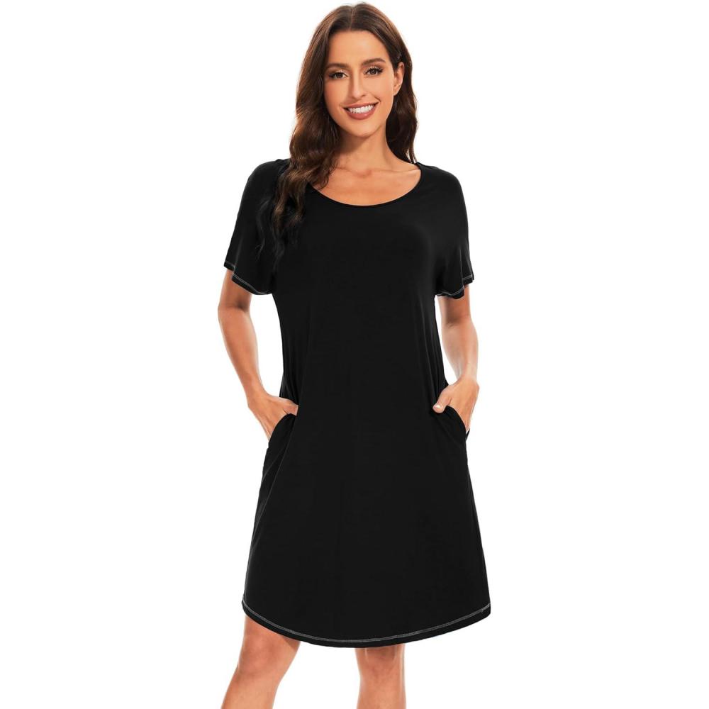 imageWiWi Womens Bamboo Viscose Nightgowns Soft Short Sleeve Sleep Shirt Lightweight Cool Nightshirt Pajama Dress SXXLAblack