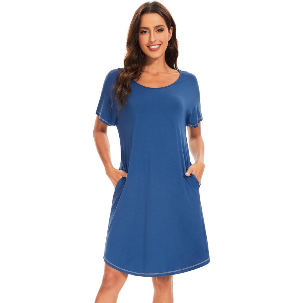 imageWiWi Womens Bamboo Viscose Nightgowns Soft Short Sleeve Sleep Shirt Lightweight Cool Nightshirt Pajama Dress SXXLAprussian Blue