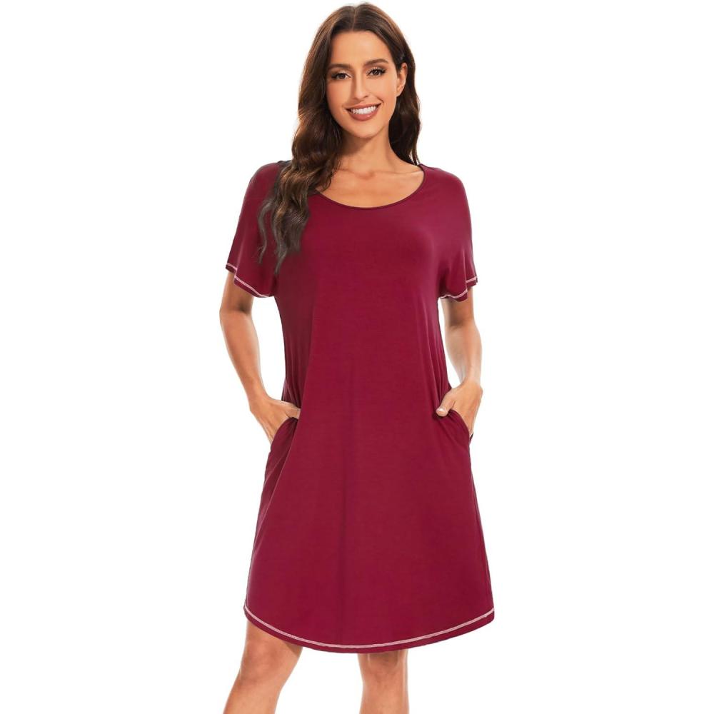 imageWiWi Womens Bamboo Viscose Nightgowns Soft Short Sleeve Sleep Shirt Lightweight Cool Nightshirt Pajama Dress SXXLAwine