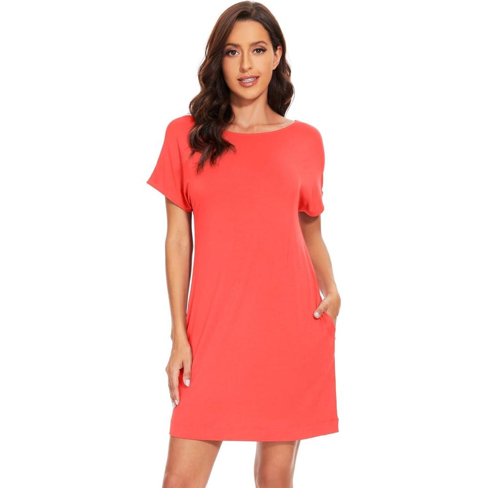 imageWiWi Womens Bamboo Viscose Nightgowns Soft Short Sleeve Sleep Shirt Lightweight Cool Nightshirt Pajama Dress SXXLBcoral