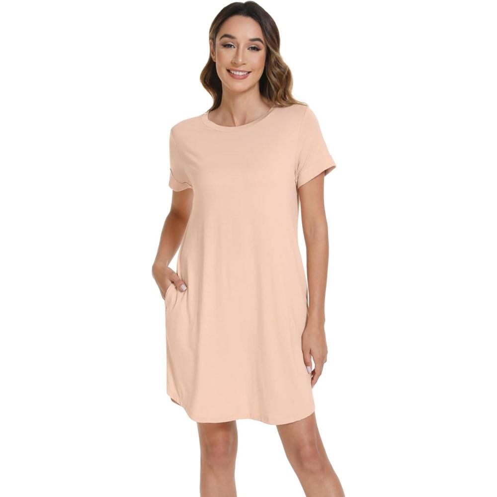 imageWiWi Womens Bamboo Viscose Nightgowns Soft Short Sleeve Sleep Shirt Lightweight Cool Nightshirt Pajama Dress SXXLBeige