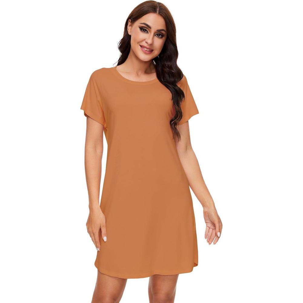 imageWiWi Womens Bamboo Viscose Nightgowns Soft Short Sleeve Sleep Shirt Lightweight Cool Nightshirt Pajama Dress SXXLBurnt Orange