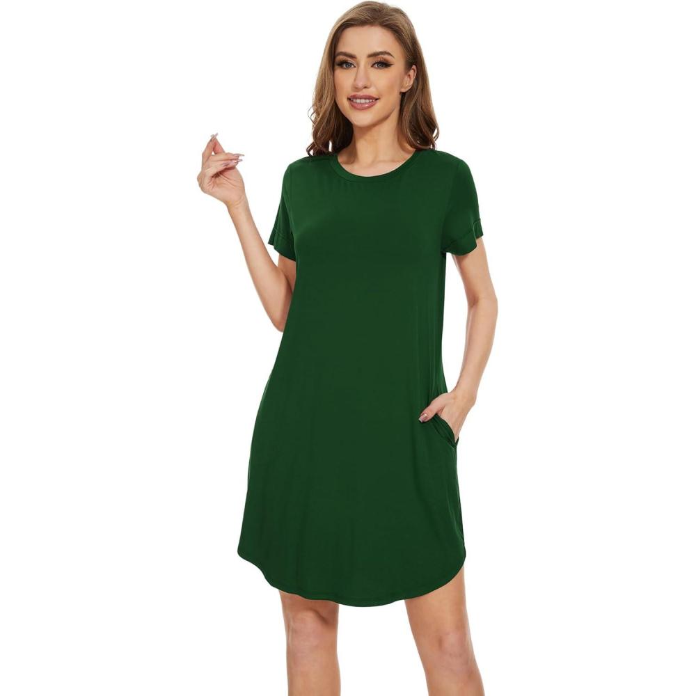 imageWiWi Womens Bamboo Viscose Nightgowns Soft Short Sleeve Sleep Shirt Lightweight Cool Nightshirt Pajama Dress SXXLDark Green