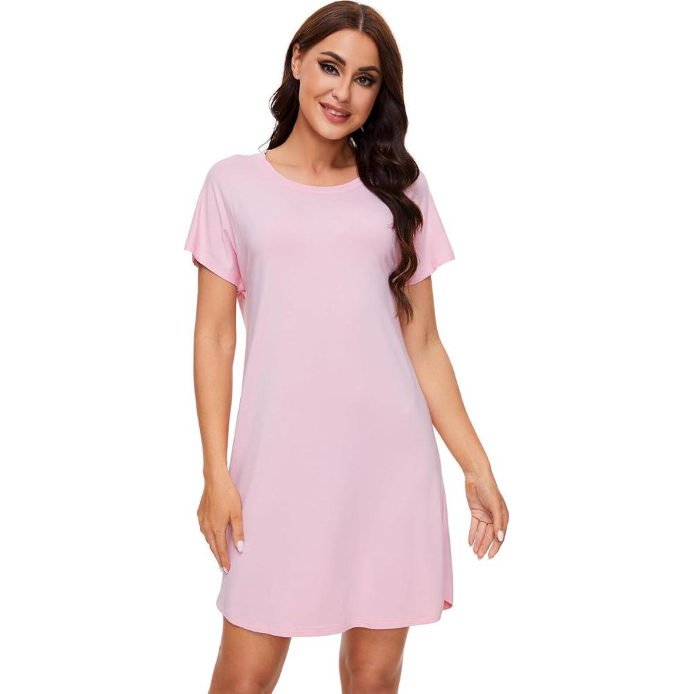imageWiWi Womens Bamboo Viscose Nightgowns Soft Short Sleeve Sleep Shirt Lightweight Cool Nightshirt Pajama Dress SXXLPink