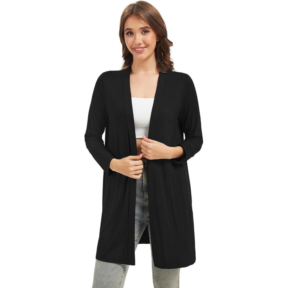 imageWiWi Womens Cardigan Bamboo Viscose Open Front Sweater Lightweight Knit Long Duster Coat with Pockets SXXLBlack