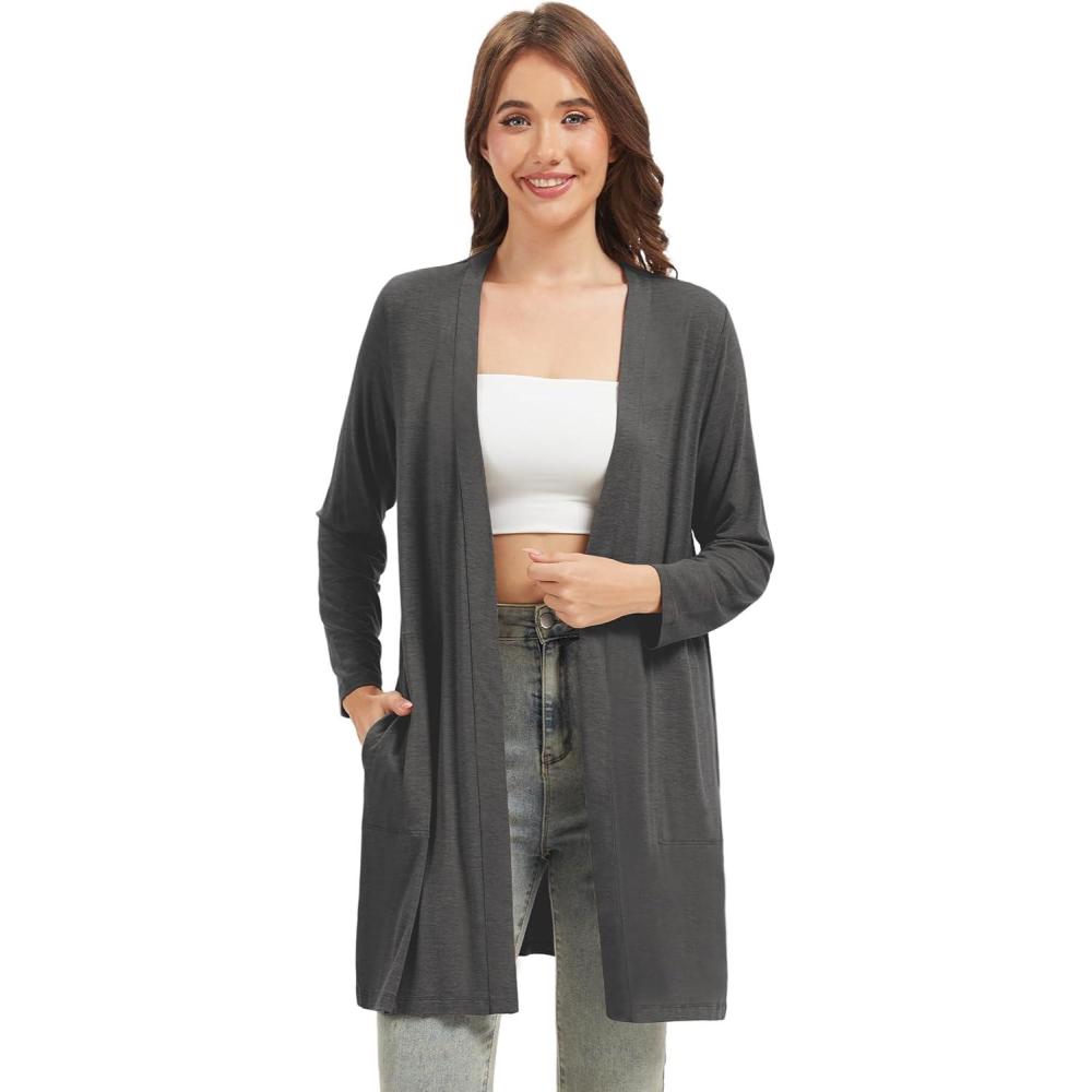 imageWiWi Womens Cardigan Bamboo Viscose Open Front Sweater Lightweight Knit Long Duster Coat with Pockets SXXLCharcoal Heather