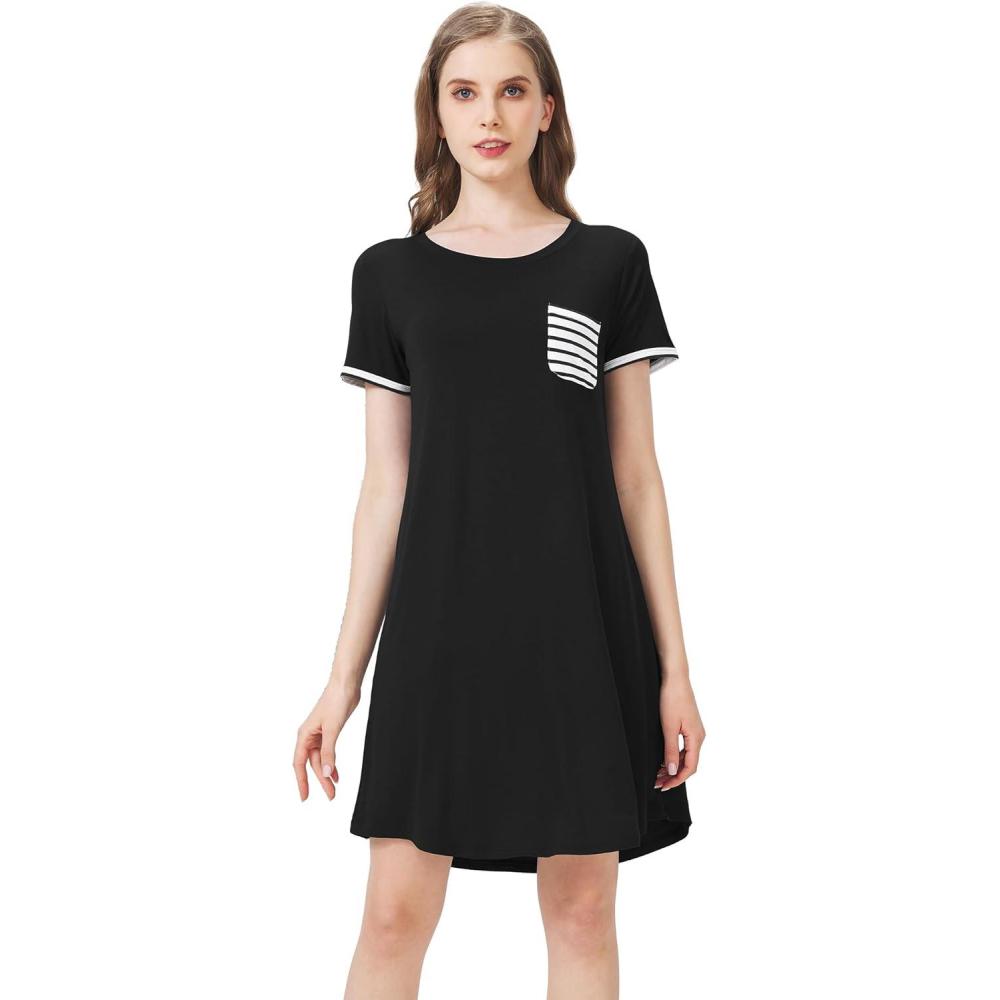 imageWiWi Womens Viscose Bamboo Nightgowns Casual Short Sleeve Sleepwear Scoop Neck Nightshirts SXXL Taro Purple SmallBlack