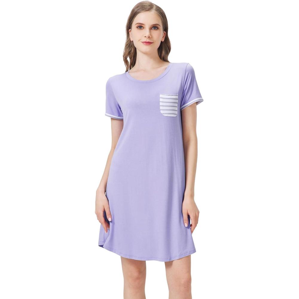 imageWiWi Womens Viscose Bamboo Nightgowns Casual Short Sleeve Sleepwear Scoop Neck Nightshirts SXXL Taro Purple SmallTaro Purple