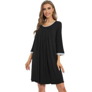 imageWiWi Nightgowns Viscose from Bamboo for Women Soft 34 Sleeve Sleep Shirts Scoop Neck Pleated Pajamas Nightshirts SXXLBlack