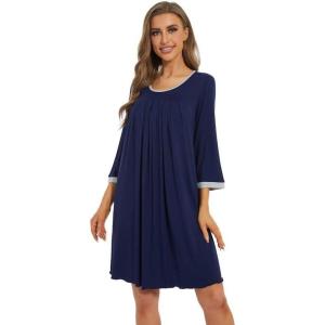 imageWiWi Nightgowns Viscose from Bamboo for Women Soft 34 Sleeve Sleep Shirts Scoop Neck Pleated Pajamas Nightshirts SXXLNavy