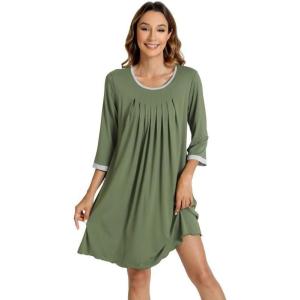 imageWiWi Nightgowns Viscose from Bamboo for Women Soft 34 Sleeve Sleep Shirts Scoop Neck Pleated Pajamas Nightshirts SXXLOlive Green