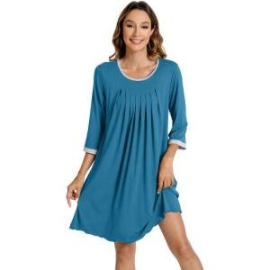 imageWiWi Nightgowns Viscose from Bamboo for Women Soft 34 Sleeve Sleep Shirts Scoop Neck Pleated Pajamas Nightshirts SXXLTeal Blue