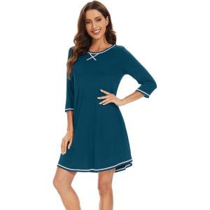 imageWiWi Nightgowns for Women 34 Sleeve Sleep Shirts Soft Pajamas Gowns Viscose from Bamboo Nightwear SXXLPeacock Blue