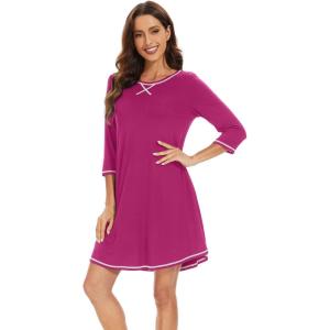 imageWiWi Nightgowns for Women 34 Sleeve Sleep Shirts Soft Pajamas Gowns Viscose from Bamboo Nightwear SXXLRose Red